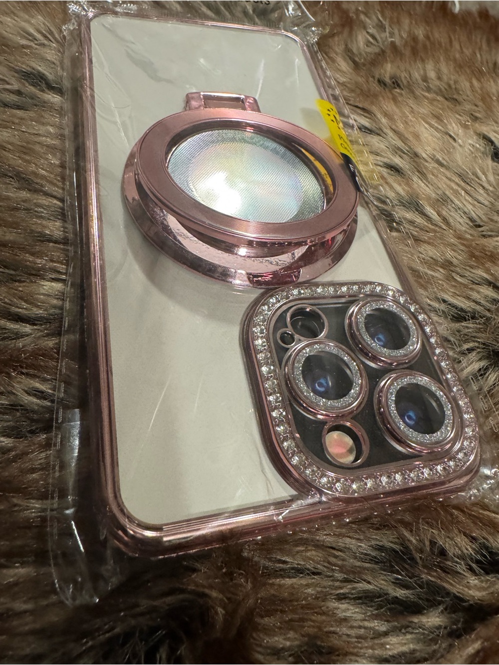 Rose Gold Rhinestone Camera Ring Phone Case with Built-In Kickstand